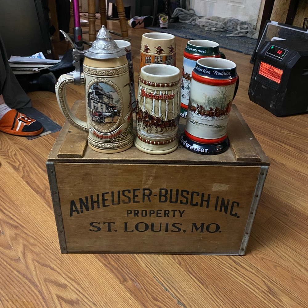 7 Budweiser beersteins a Anheuser Busch Wooden crate and a Anheiser Busch tray